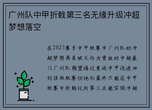 广州队中甲折戟第三名无缘升级冲超梦想落空 广州队中甲折戟第三名无缘升级冲超梦想落空